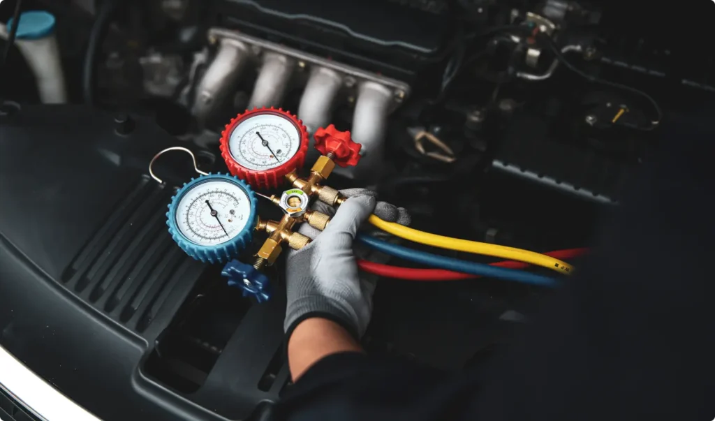 A person wearing a gray glove uses a manifold gauge set with red, blue, and yellow hoses to check a vehicle’s air conditioning system under the hood.